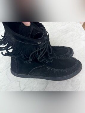 UGG Black Suede Fringe Moccasin Ankle Boots